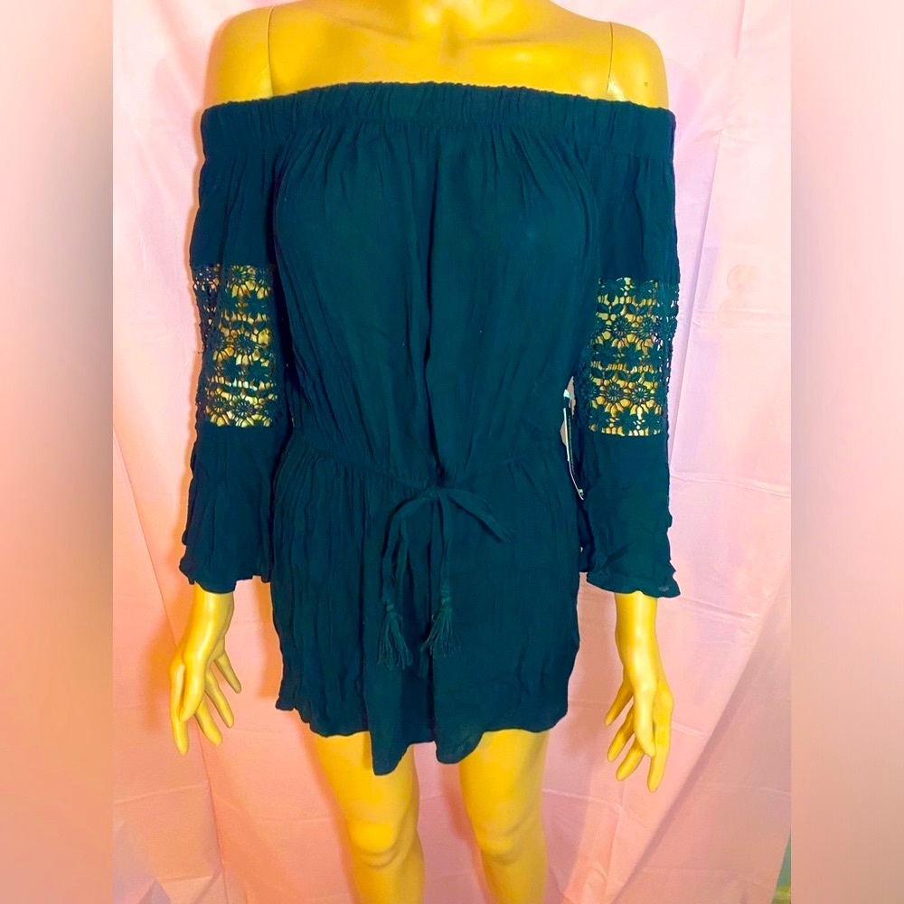 Dress Blue XL flare off shoulder sleeves with crotchet